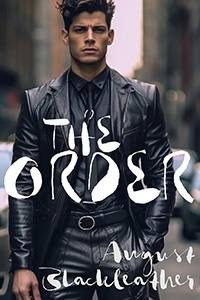 A handsome man stands outdoors in an urban environment wearing a full black leather suit complete with a leather jacket, shirt, tie, and pants.