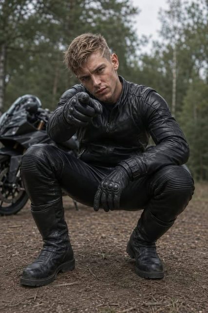 A fit young man in a full black leather motorcycle suit and gloves squats in the woods and points at the camera.