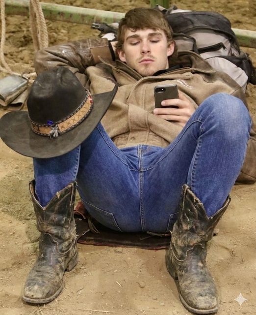 A young man wearing a cowboy hat, denim jeans, and scuffed work boots reclines on a dirt floor with his legs spread while looking at his phone.
