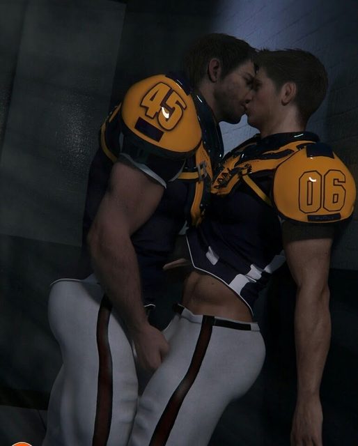 Two muscular men in full football uniforms and shoulder pads share an intimate kiss against a wall.
