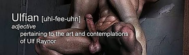 A close-up artistic shot displays a nude muscular man's erect penis and torso.