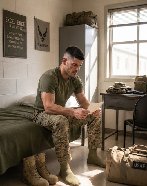A muscular man with a buzzcut sits on a barracks bed in military gear reading a letter.