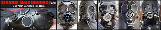 A composite collage banner displaying multiple men wearing black rubber gas masks, latex hoods, and metal neck chains.