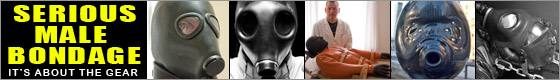 A promotional banner featuring text alongside panels depicting men wearing latex gas masks, rubber hoods, and restraint gear.