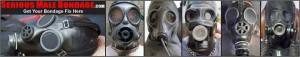 A banner image featuring a panel collage of men wearing various black rubber gas masks and fetish hoods.