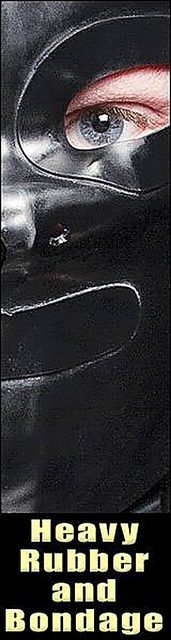A close-up view of a person wearing a heavy black rubber hood with eye cutouts revealing a blue eye.
