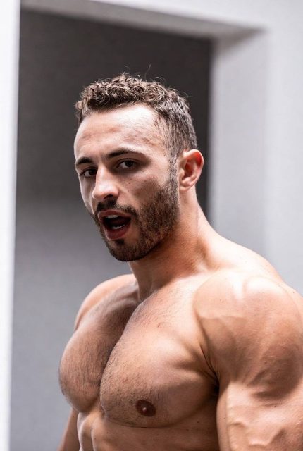 A muscular man with a thick beard and a hairy chest poses shirtless indoors.