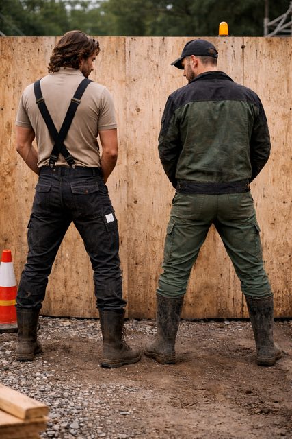 Two men in rugged workwear and boots stand against a wooden fence at a construction site, appearing to urinate.