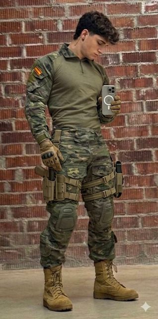 A muscular young man in full military camo and tactical gear takes a selfie against a brick wall.