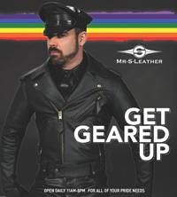 A bearded man clad in a black leather jacket and matching leather cap poses for a Mr. S Leather advertisement.