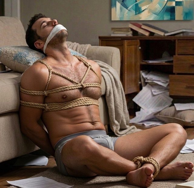 A muscular man with a hairy chest sits restrained on a living room floor, bound in hemp rope and gagged with a white cloth.