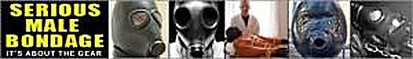 A promotional banner featuring several collage images of men wearing latex gimp masks, gas masks, and leather bondage gear.