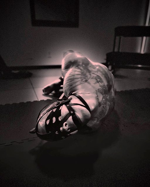 A muscular, tattooed man wearing a leather pup mask and harness leans forward on a padded floor in a dimly lit room.