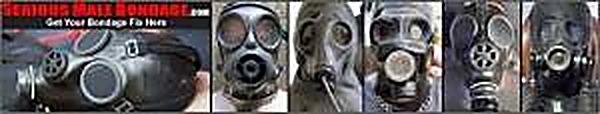 A banner image featuring a panel collage of men wearing various black rubber gas masks and fetish hoods.