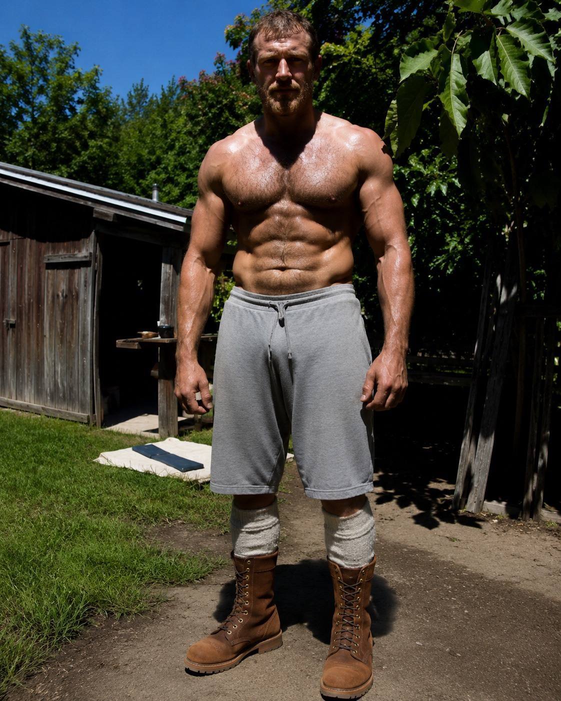 A shirtless, muscular bearded man stands outdoors in grey gym shorts, thick socks, and leather work boots.