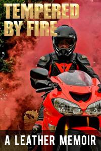 A rider clad in a full black and red leather suit and helmet sits on a red sportbike surrounded by red smoke.