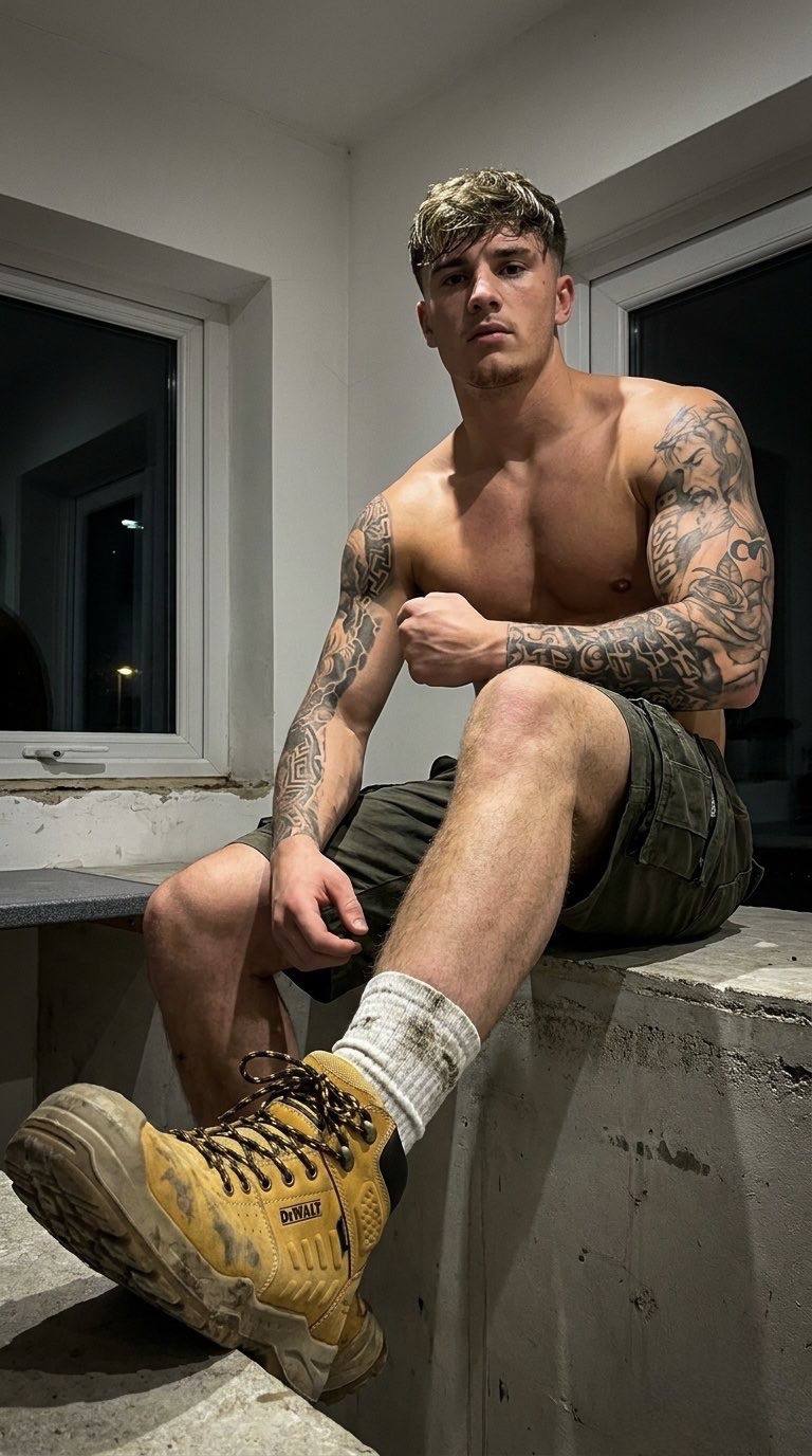 A muscular, tattooed man sits shirtless in a construction setting wearing cargo shorts, dirty tube socks, and yellow work boots.