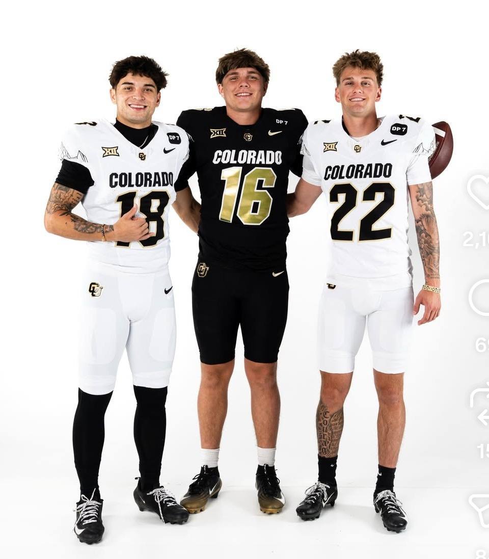 Three athletic young men pose together in American football uniforms and compression gear against a white studio background.