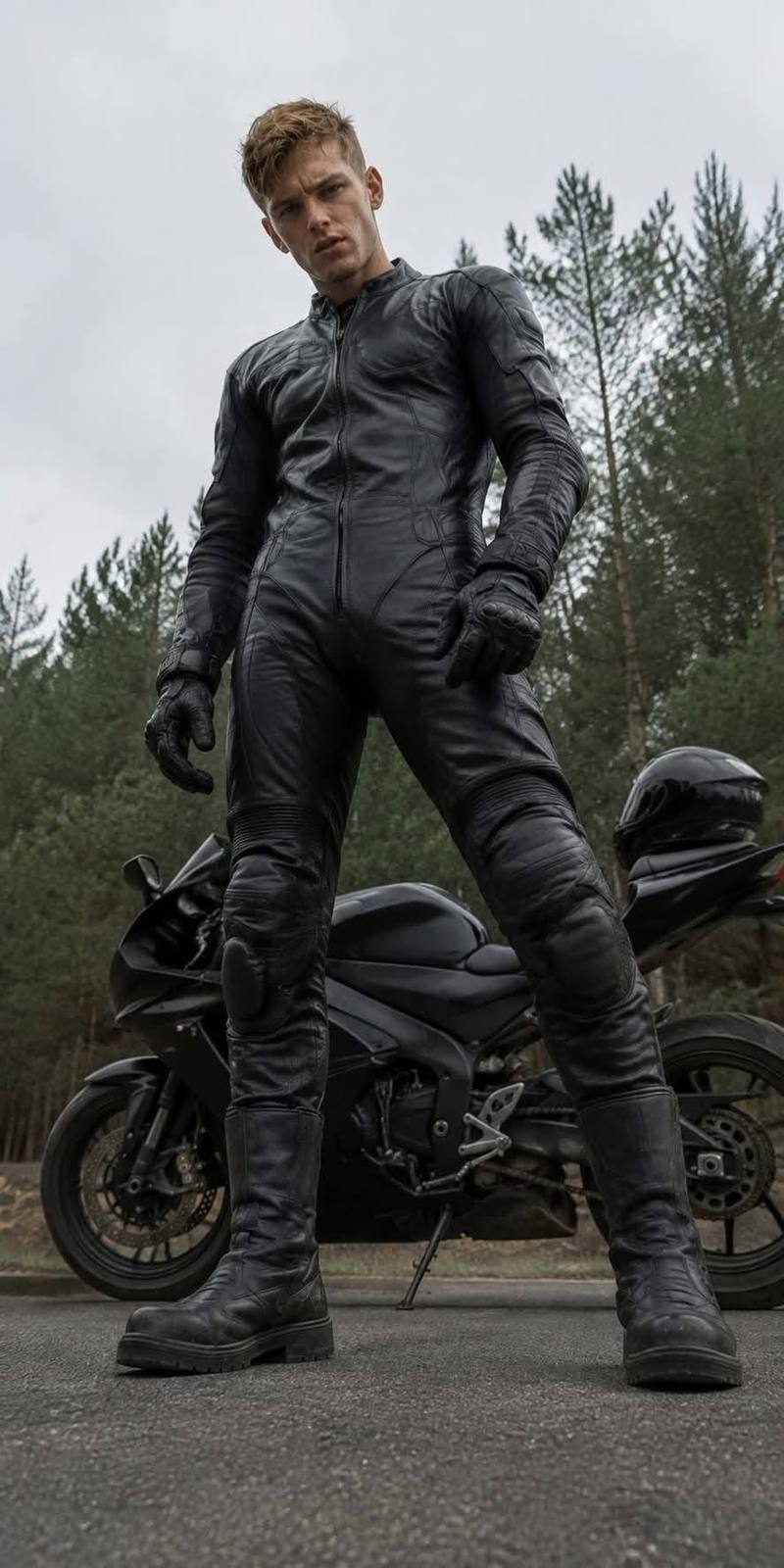 A young man wearing a full black leather motorcycle suit and boots stands authoritatively in front of his bike on a wooded road.