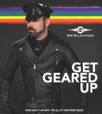 A bearded man clad in a black leather jacket and matching leather cap poses for a Mr. S Leather advertisement.