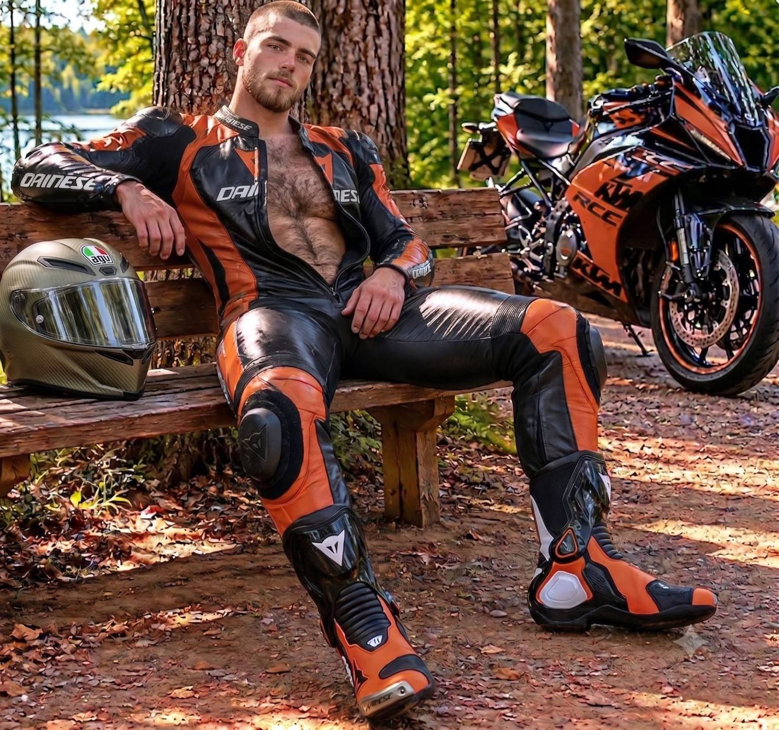 A muscular man with a hairy chest sits on a park bench wearing a full orange and black leather motorcycle suit, unzipped to the waist, next to his bike and helmet.