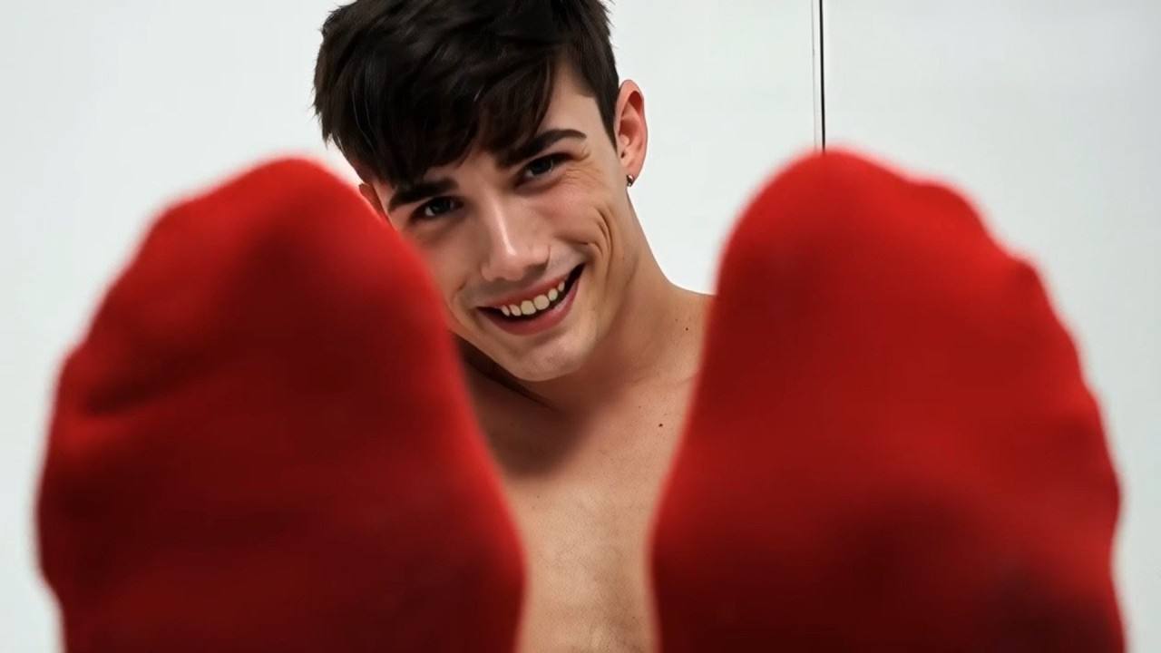A smiling shirtless twink looks at the camera from behind his feet clad in red socks.