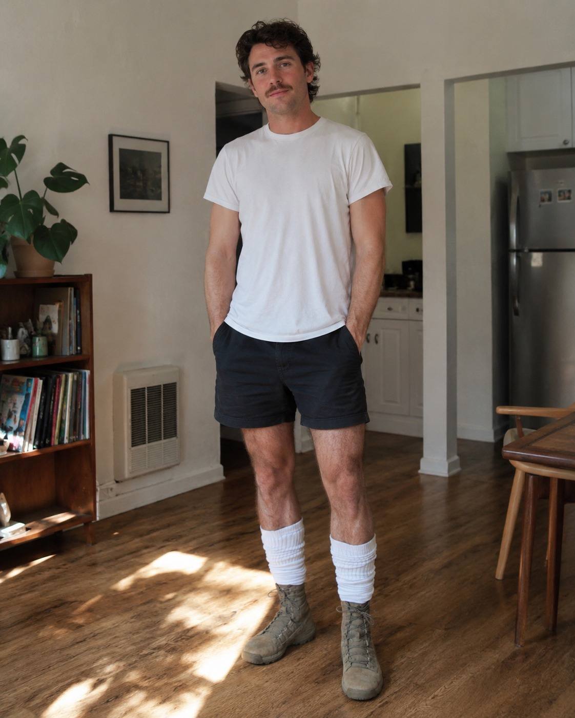 A fit man with a mustache poses in a home setting wearing gym shorts, tall white tube socks, and tactical combat boots.