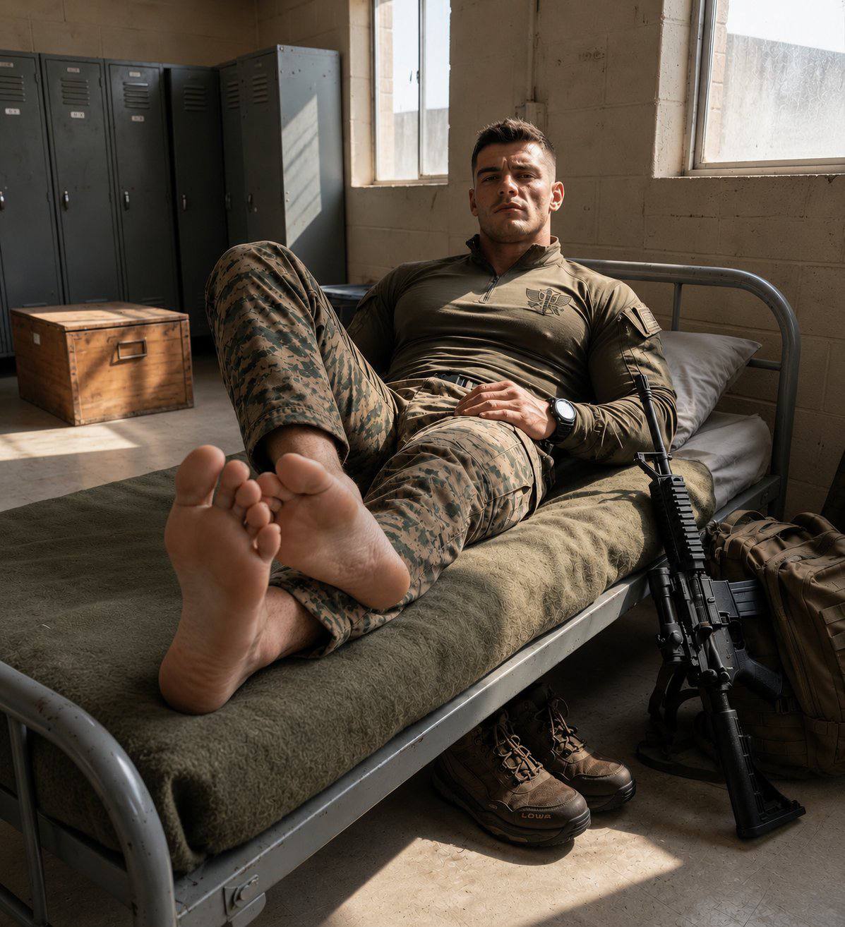 A muscular man in a military uniform reclines on a barracks cot with his bare feet prominently displayed in the foreground.