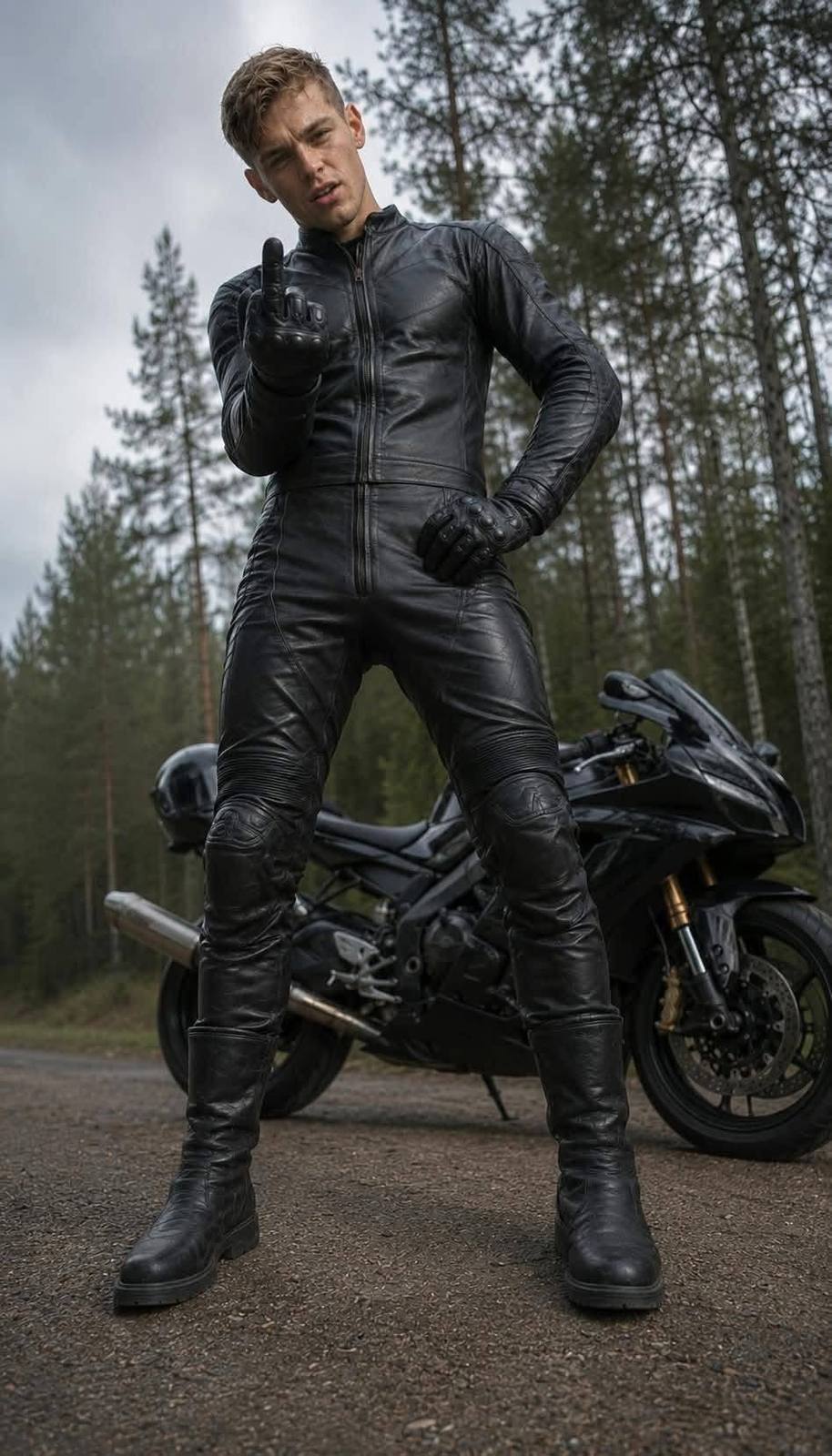 A young man in a full black leather motorcycle suit and gloves stands defiantly in front of his bike on a wooded road.