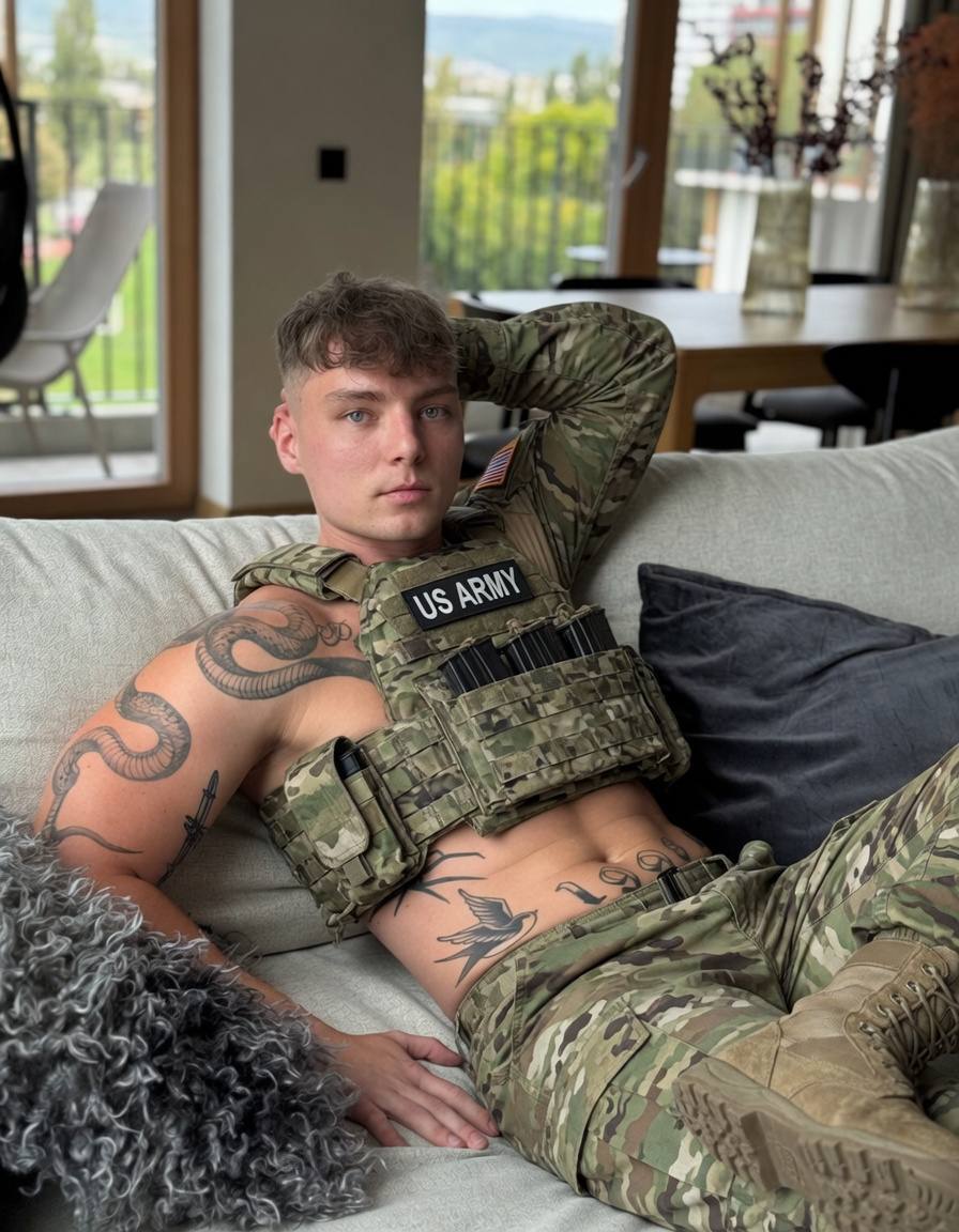 A muscular man with tattoos wears a military uniform and tactical vest while lounging on a sofa indoors.