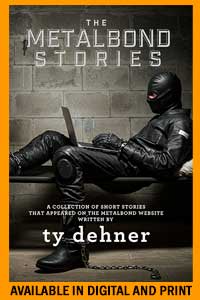 A person clad in full black leather gear and a hood sits on a bench using a laptop in a concrete dungeon setting.