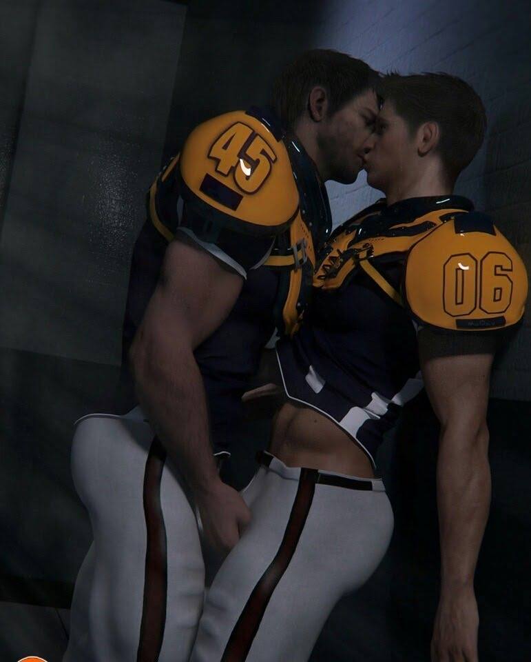 Two muscular men in full football uniforms and shoulder pads share an intimate kiss against a wall.