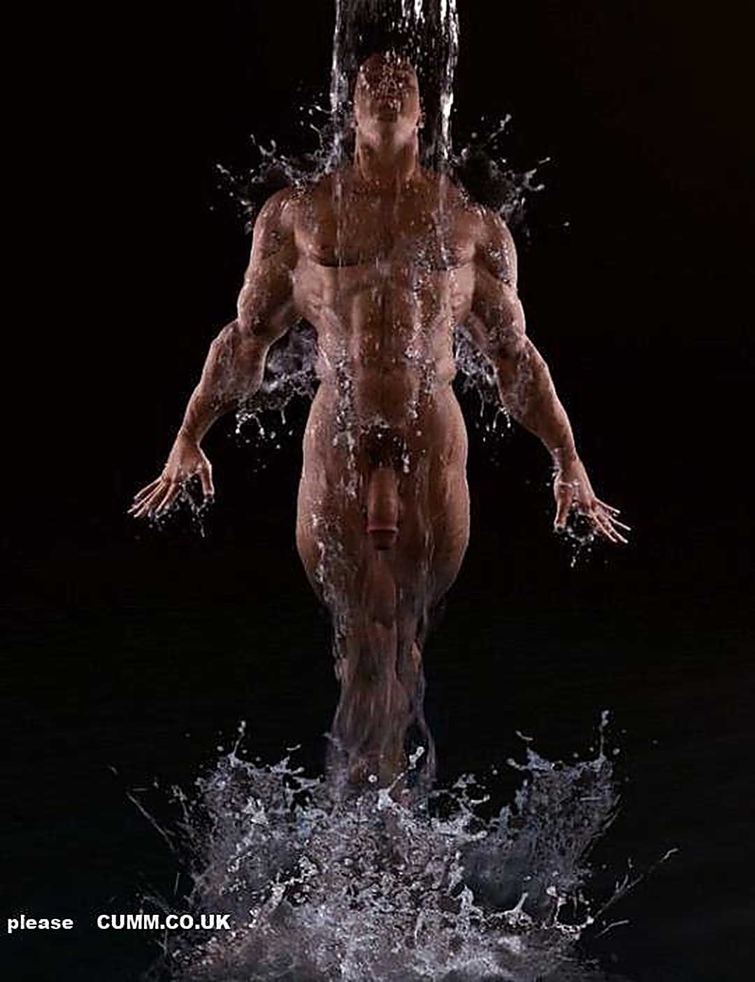 A highly muscular nude man stands centered against a dark background as water pours down over his body and splashes at his feet.