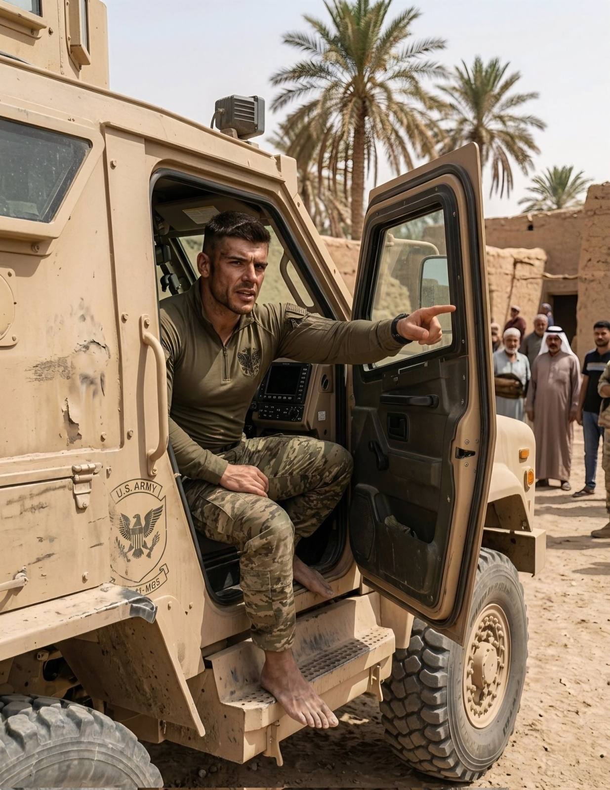 A muscular soldier in a tactical uniform sits barefoot in the open door of a desert military vehicle while pointing into the distance.
