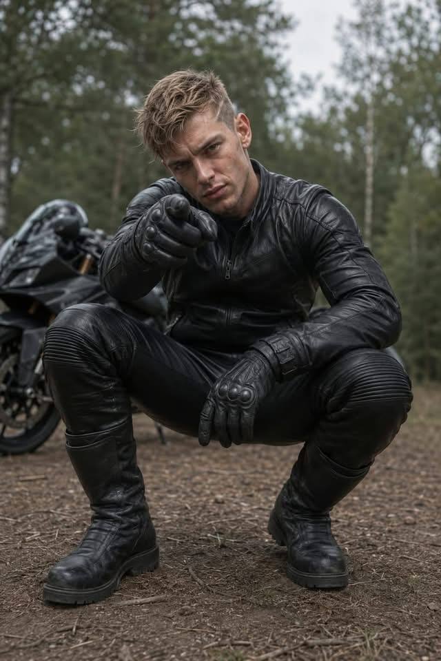 A fit young man in a full black leather motorcycle suit and gloves squats in the woods and points at the camera.