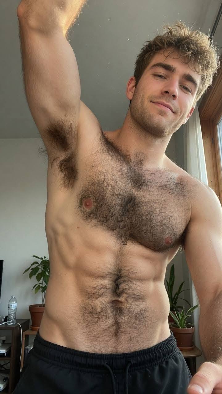 A muscular man with a very hairy chest and stomach poses shirtless while wearing black athletic shorts.
