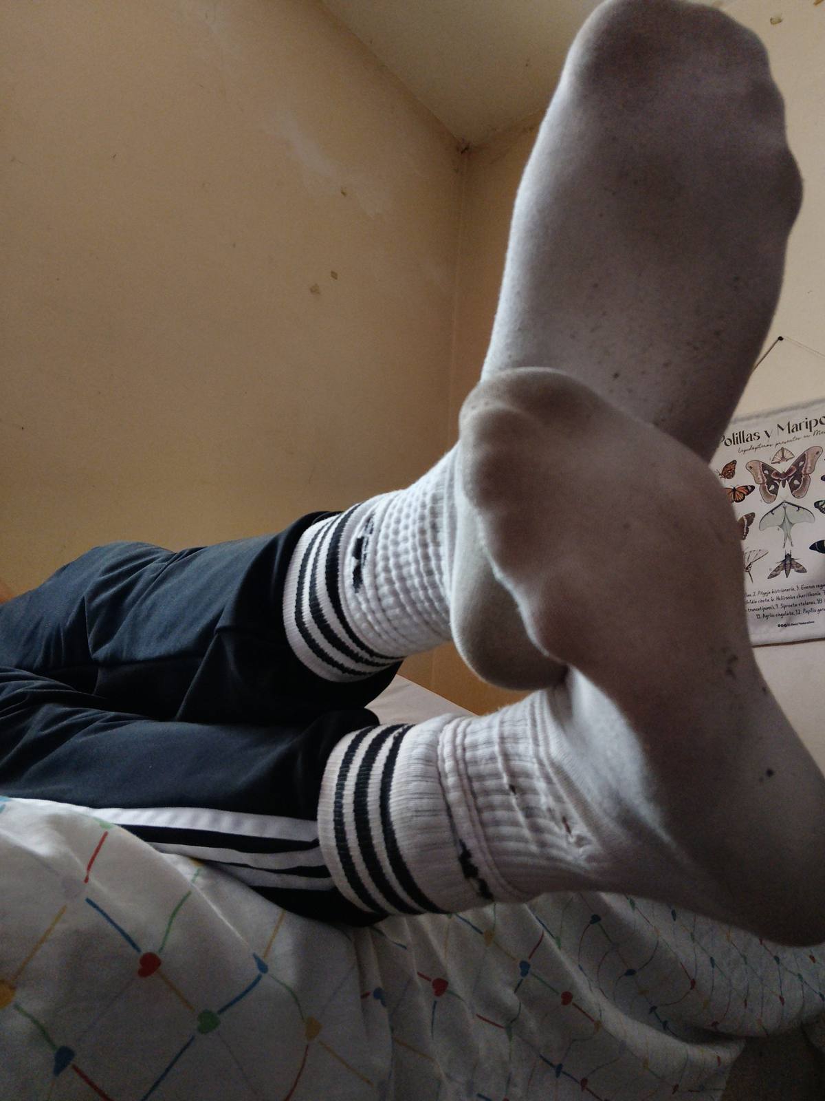 A person wearing black track pants and white athletic socks displays their soles while lying on a bed.