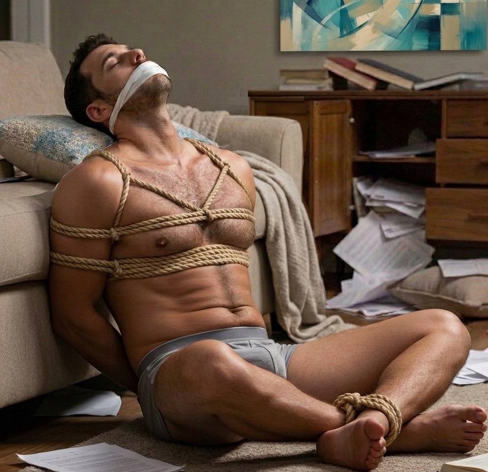 A muscular man with a hairy chest sits restrained on a living room floor, bound in hemp rope and gagged with a white cloth.
