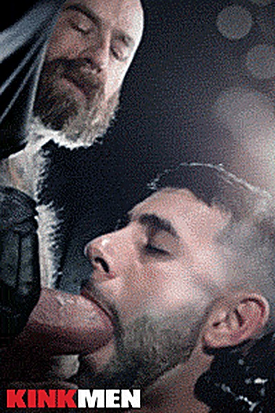 A bearded man receives oral sex from another bearded man in a dark setting.