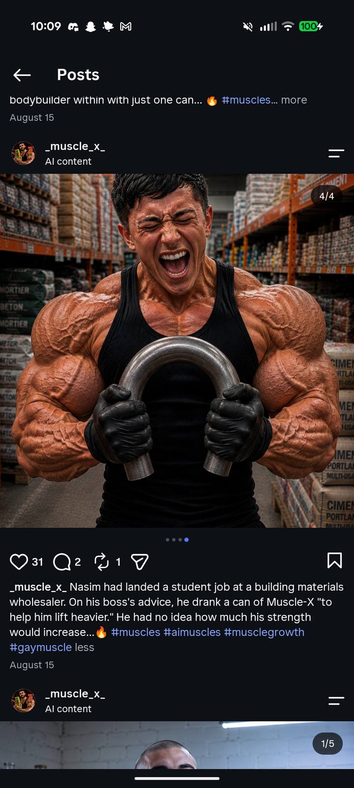 A hyper-muscular bodybuilder with extreme vascularity and muscle definition bends a thick metal pipe in a warehouse setting.